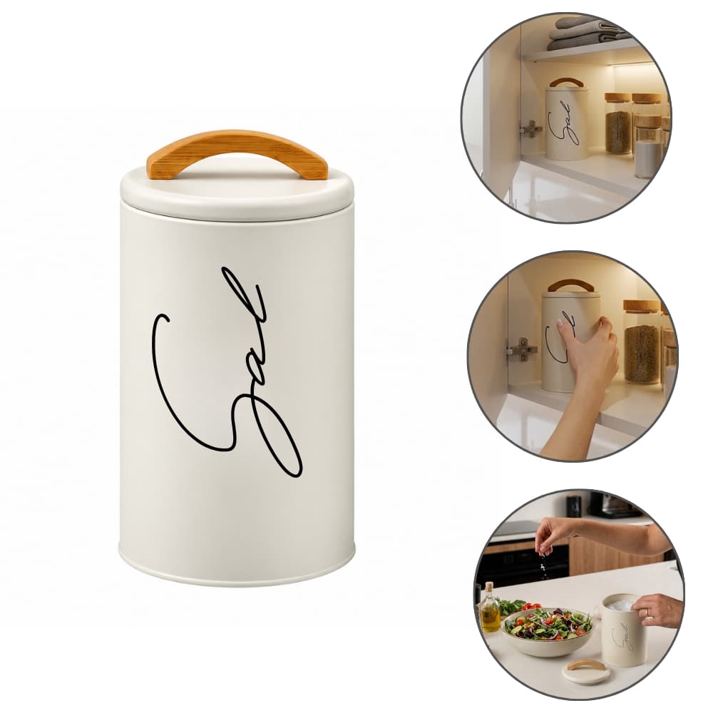 Saleiro De Mesa Hermético Bancada Porta Sal Resistente Metal Alça Em Bambu 1kg