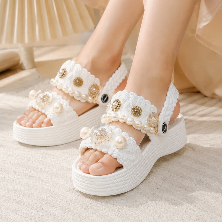 Papete Feminina Plataforma Babuche Nuvem Trançada Pingente Sandália Confortável Sandália Flatform