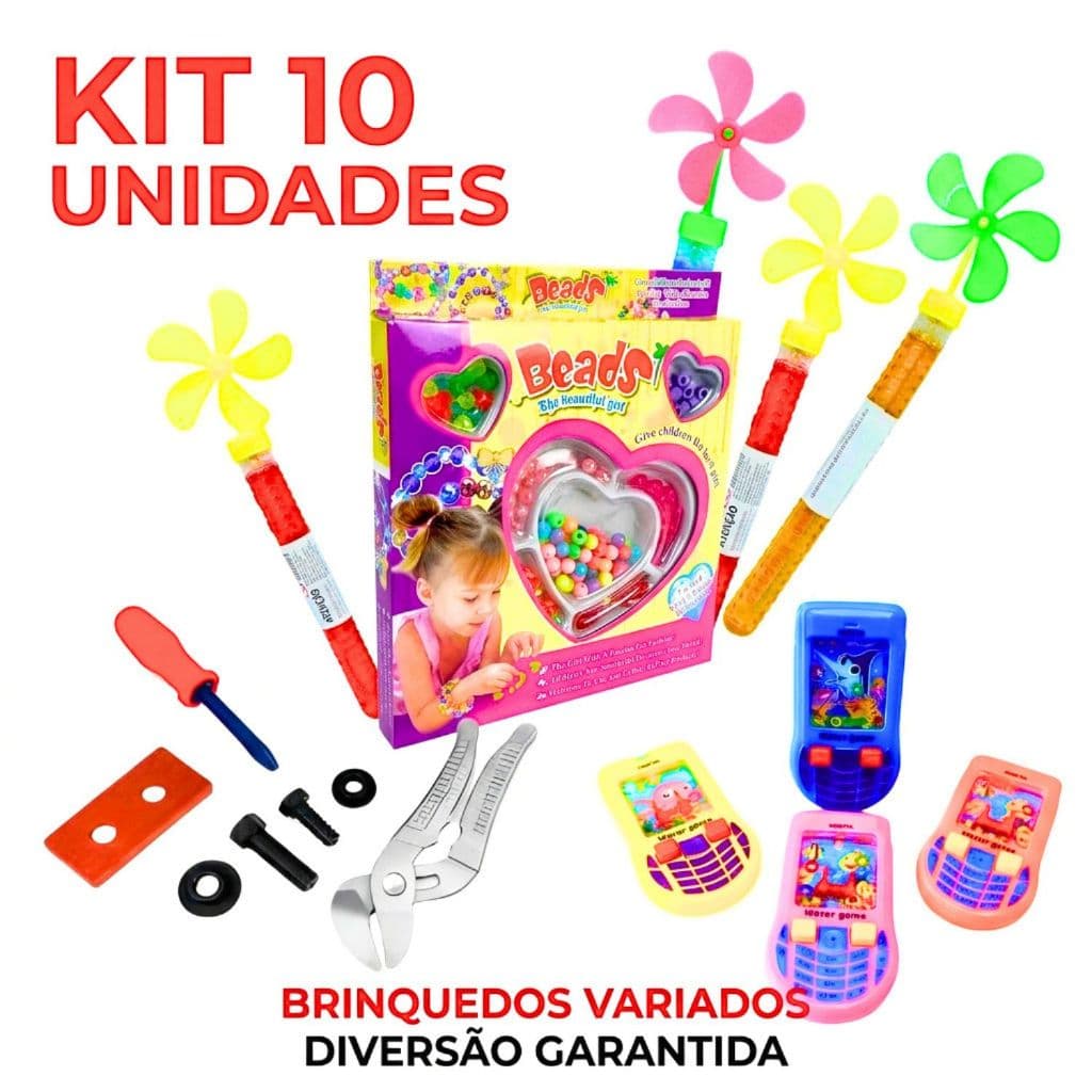 Kit 10 Brinquedos Lembrancinha Atacado Diversos Coloridos Aquaplay Bolha de Sabão Miçangas Ferramentas