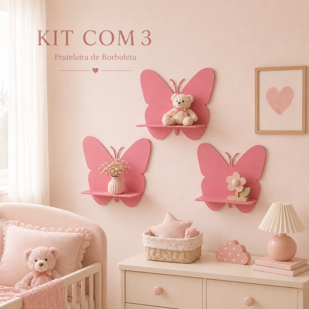 Kit 3 Prateleiras Borboleta Decorativa de Parede Multiuso com Fita Dupla Face