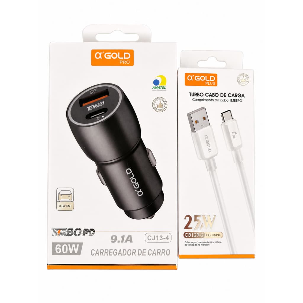 Carregador Veicular Agold 60W Turbo + Cabo Lightning ou Tipo C