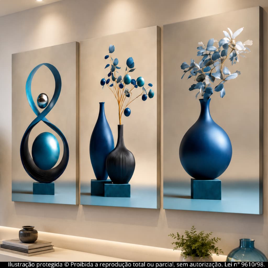 Kit Quadros Decorativos 3 Peças Modernos Azul Arte Abstrata Minimalista com Vasos e Escultura
