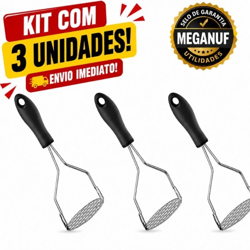 Kit 3 Amassador Batatas Legumes Inox Manual Cabo Ergonômico