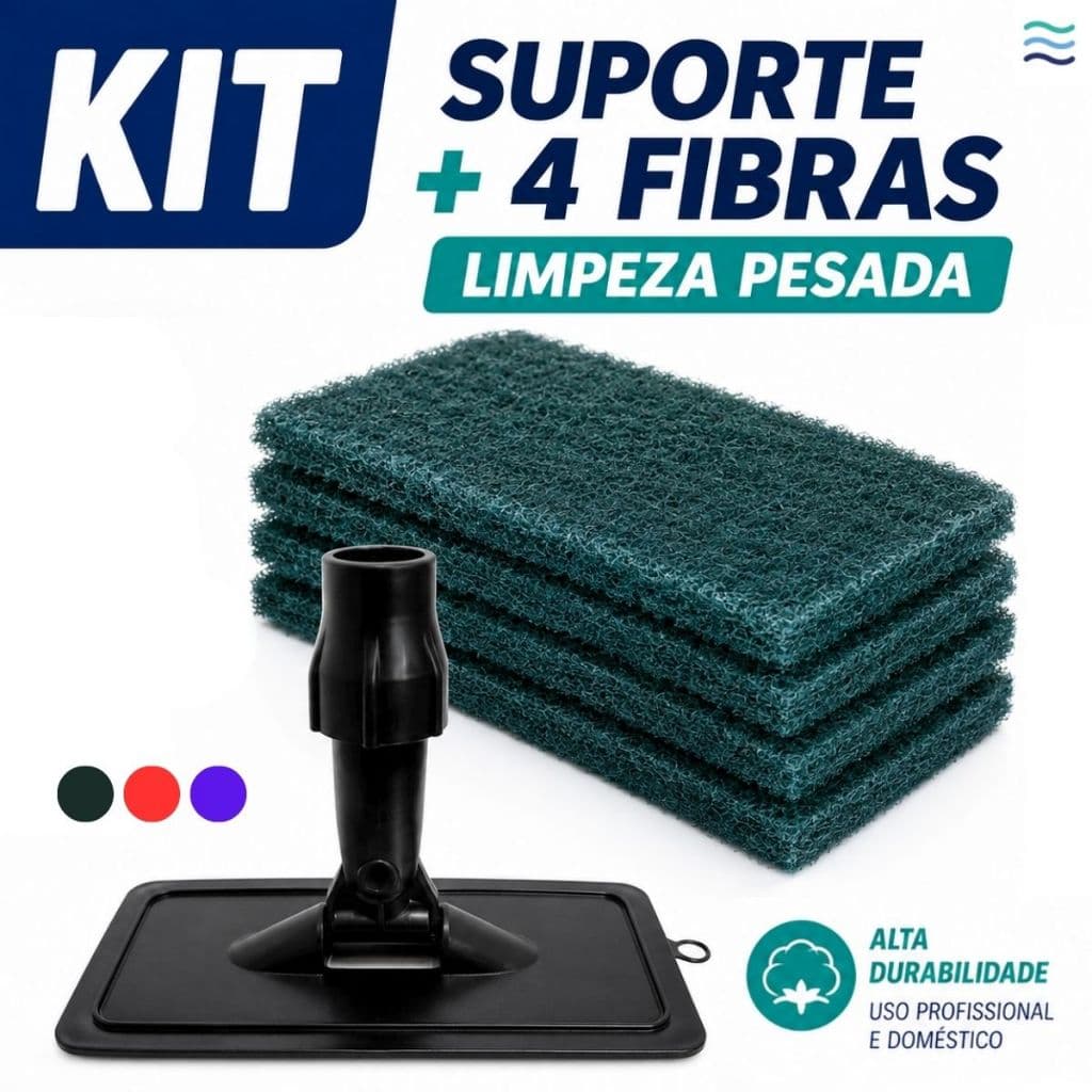 Kit Limpeza Pesada Suporte LT + 4 Fibras Esponja Verde Abrasiva Tira Argamassa Ferrugem Sujeira Grossa