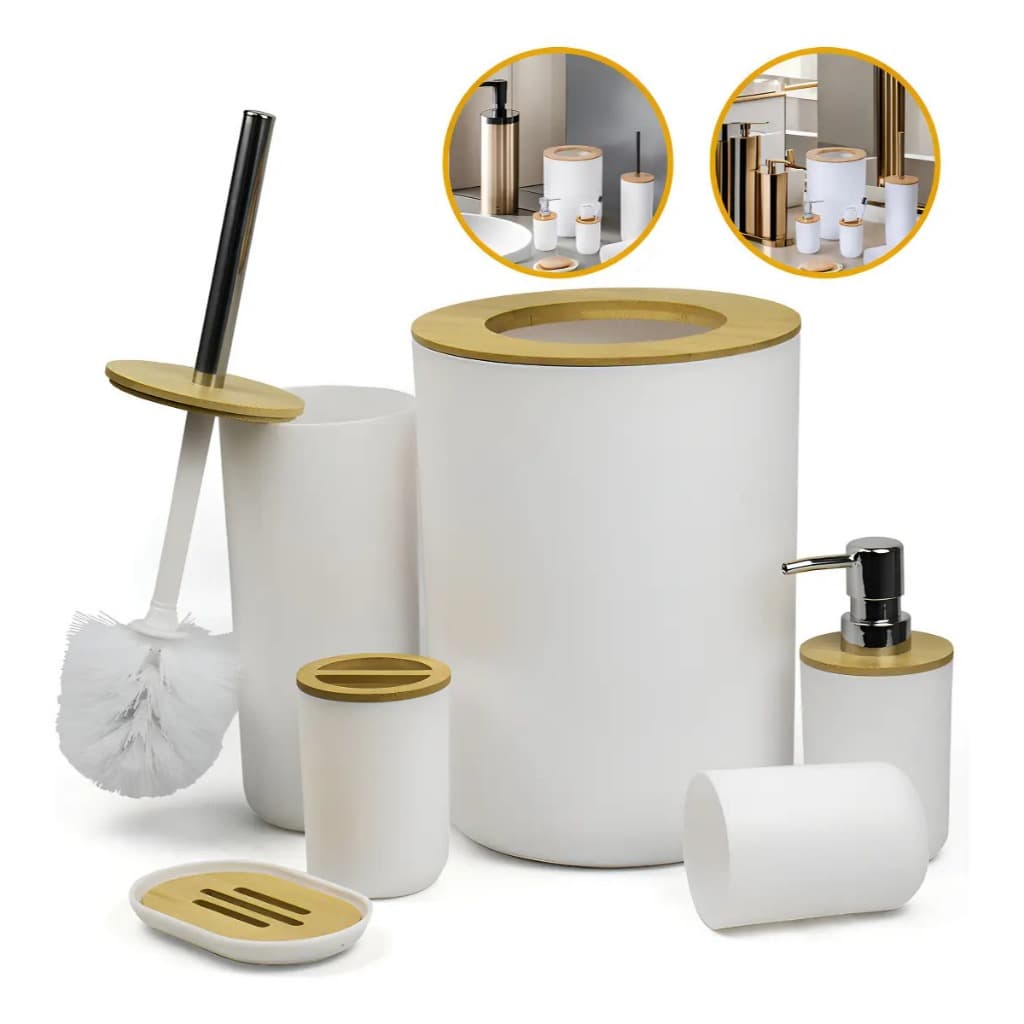 Kit Banheiro Bambu e Plástico Branco com 6 Peças Para Lavabo