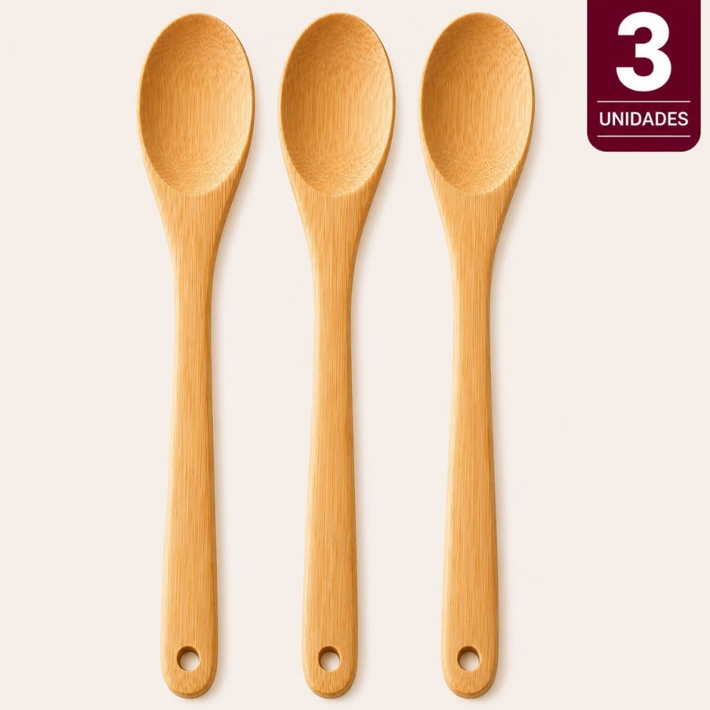 Kit 3 Colher De Bambu Para Cozinha 25cm Utensílio Para Arroz Servir Refeições Resistente Natural