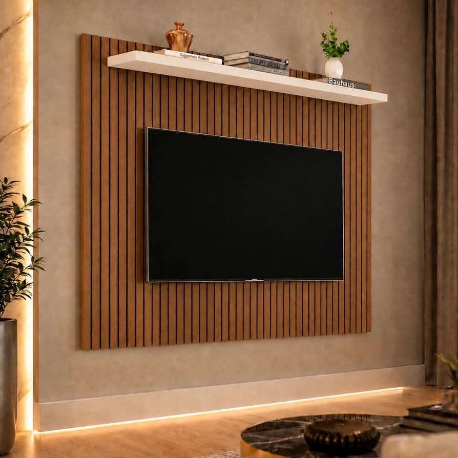 Painel  Para Tv Até 50 Polegadas Frisado Para Sala Quarto 1 Prateleira Moderno Suspenso