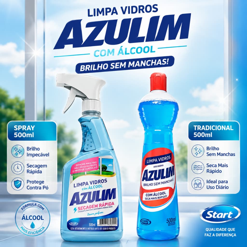 Limpa Vidros Azulim Limpa Sem Embaçar - Com Álcool - 500ml - Secagem Rápida