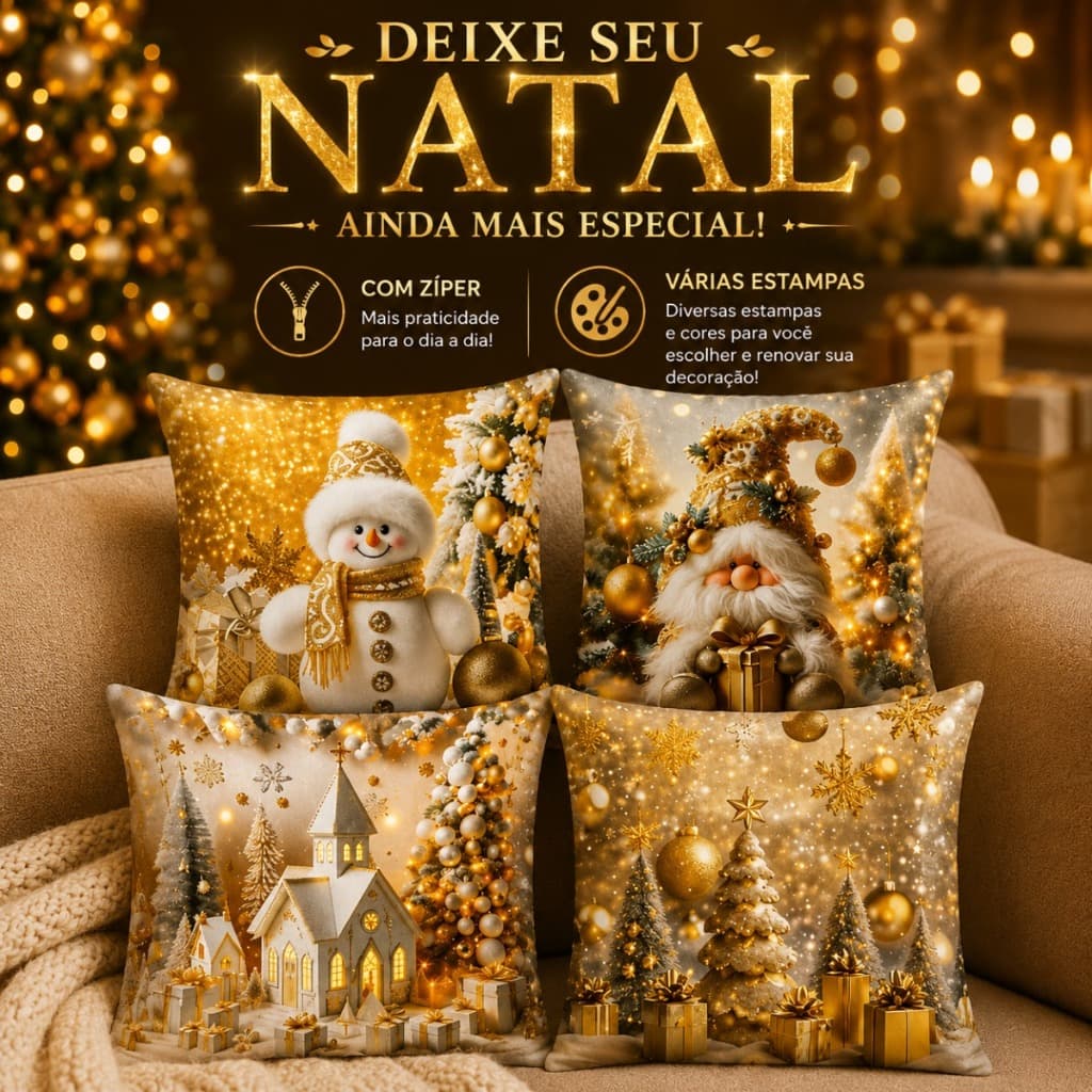 Kit Capas de Almofada Estampa 3D Natal Sofá Decorativa 45x45cm Papai Noel 2/4pçs