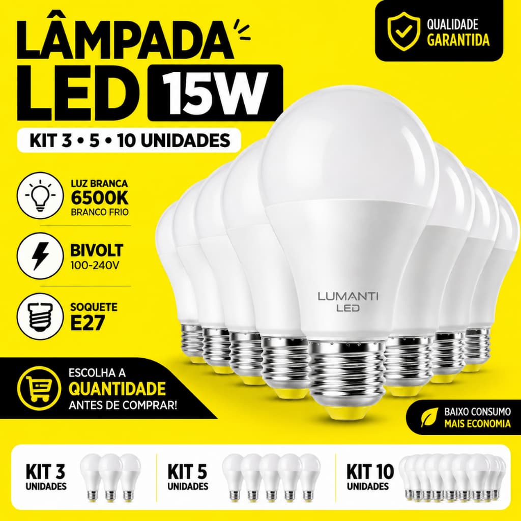 Lâmpada LED 15W E27 Bivolt 6500K Branco Frio Kit 3 5 10 Unidades