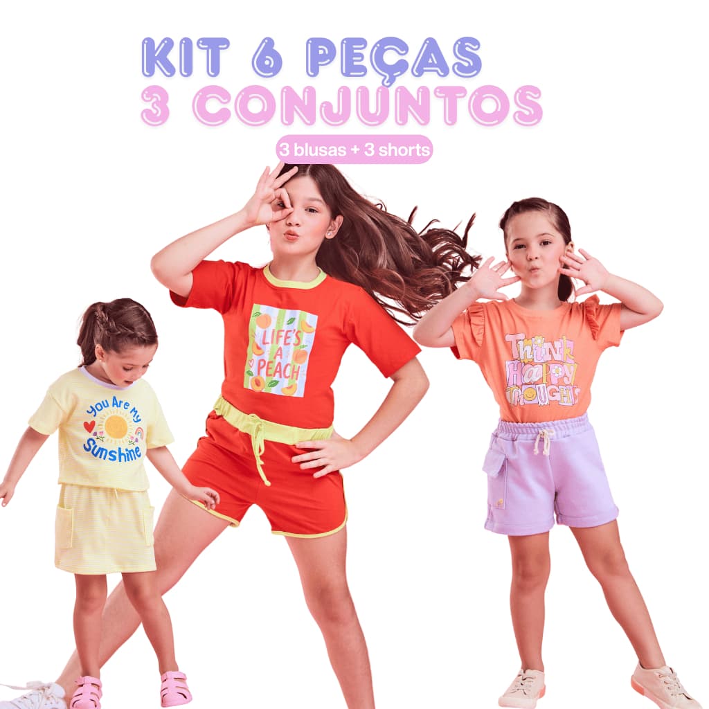 kit 6 Peças Verão Roupas Infantil Menina 2 á 16 Anos 3 Conjunto Infantil Menina Camiseta Juvenil Short