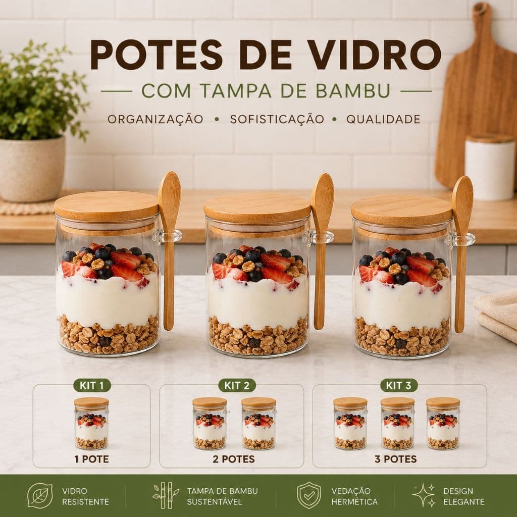 Pote Vidro Hermeticos Colher Tampa Bambu 450ml Redondo Alimento Iogurte Condimentos