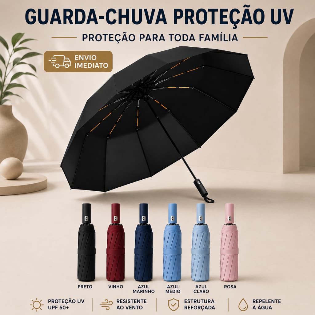 Guarda-chuva Sol Grande Reforçado PROTEÇÃO UV Abre Fecha Automático Contra Vento  Retrátil
