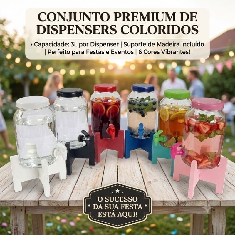 Suqueira de vidro para bebidas com base e acessórios coloridos.