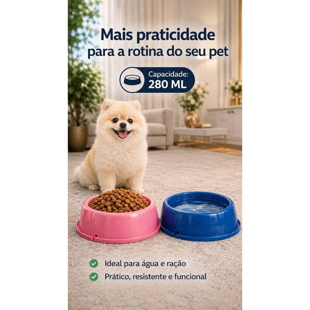 Pote De Ração E Água Comedouro Bebedouro Duplo Cachorro Gato Antiderrapante Vasilha Pet 280ML