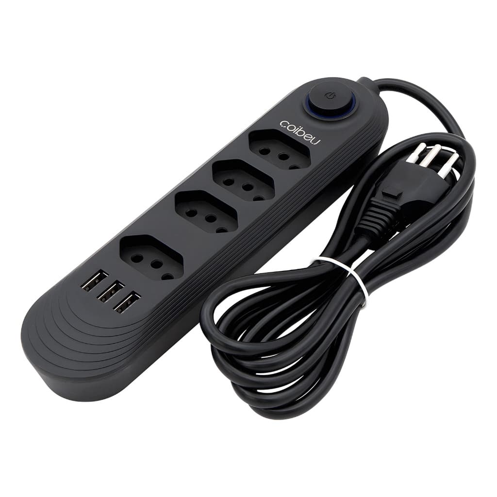 COIBEU Extensão Elétrica 2m Com 4 Tomadas e 3 Entradas USB com Botão