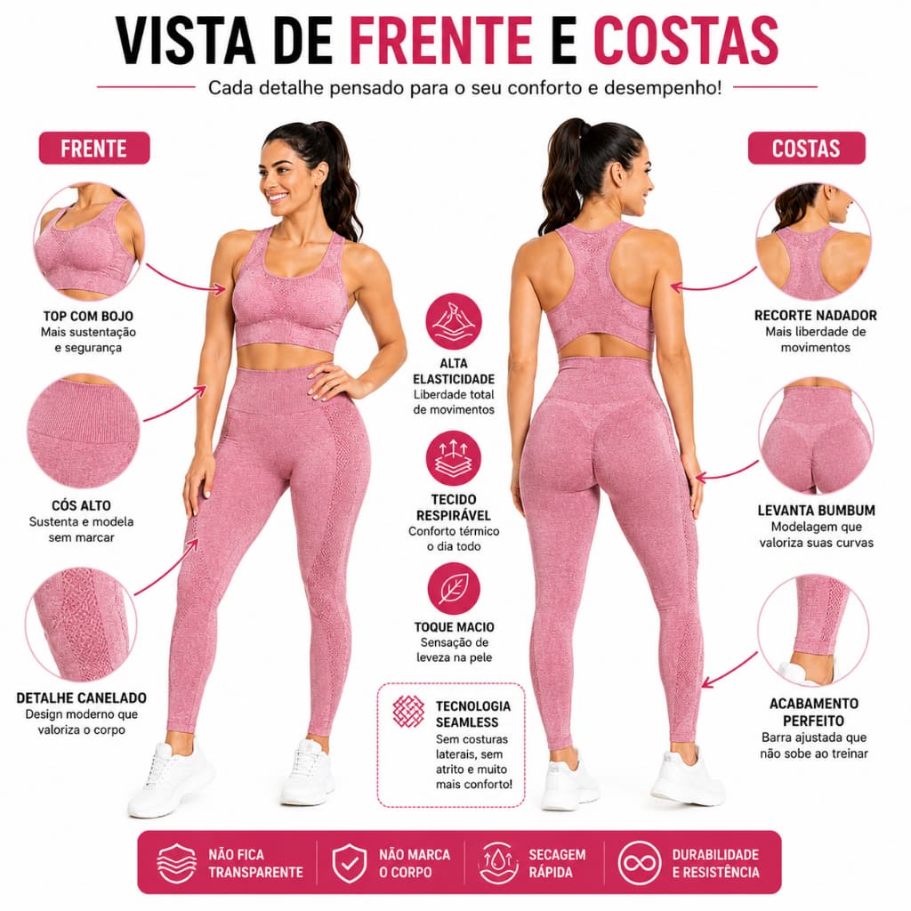 Conjunto Academia Fitness Feminino Leggings 1 Top 1 Shorts Levanta Bumbum Sem Costura Sem  Bojo Conjunto Fitness Feminin