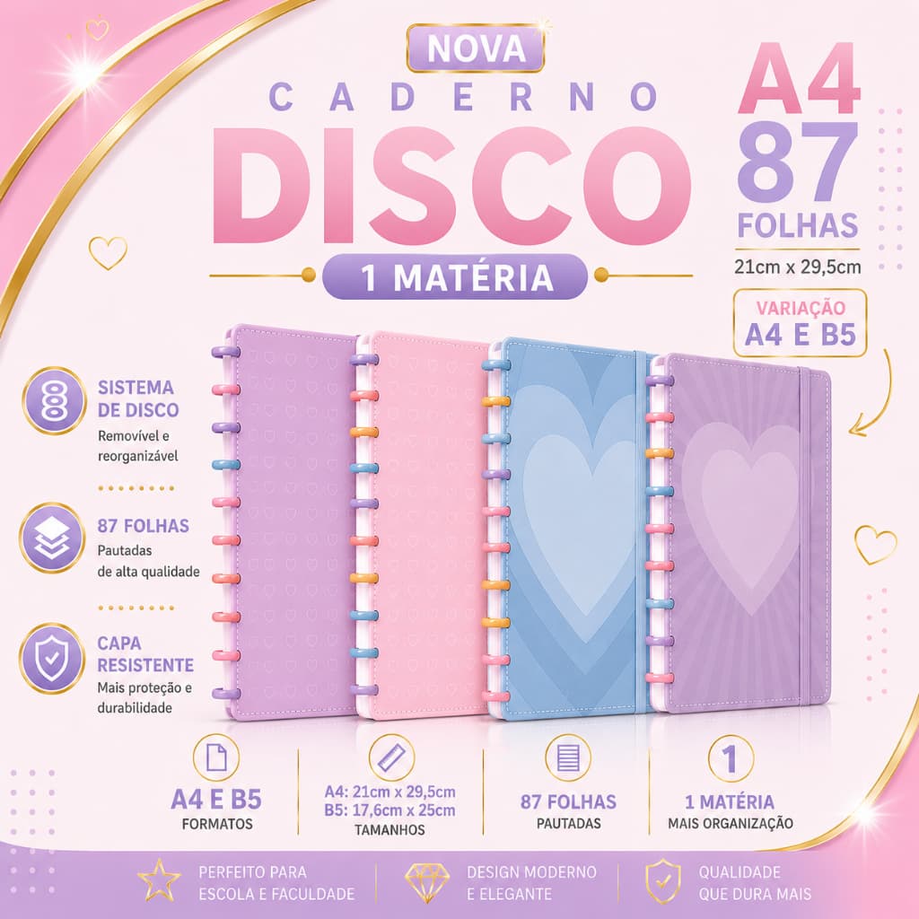 Caderno Tipo Inteligente Capa Dura - Disco Diário Feminino Metálico Planner Tamanhos A5 e B5