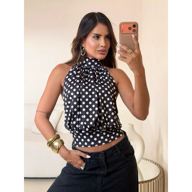 BLUSA FEMININA ALINA BUFANTE BOLINHAS POA SUPLEX GLOSS POÁ