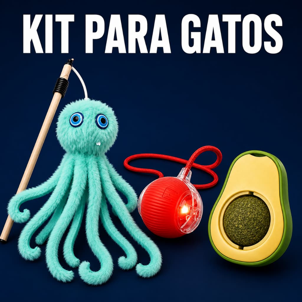Kit Brinquedos para Gatos Interativos Bolinha Automática + Abacate Catnip + Varinha Pelúcia Polvo com Som - Pet