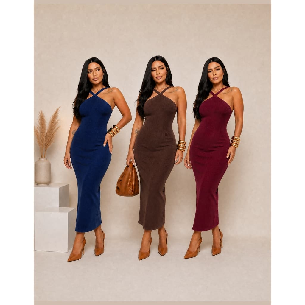 Vestido Midi Frente Unica Canelado Vestido Feminino Costa Nua Fenda Elegancia Conforto