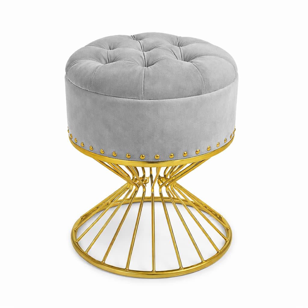 Puff Decorativo Luxo Pirâmide Veludo Capitonê Base Ferro Dourado Elegante Sala Quarto