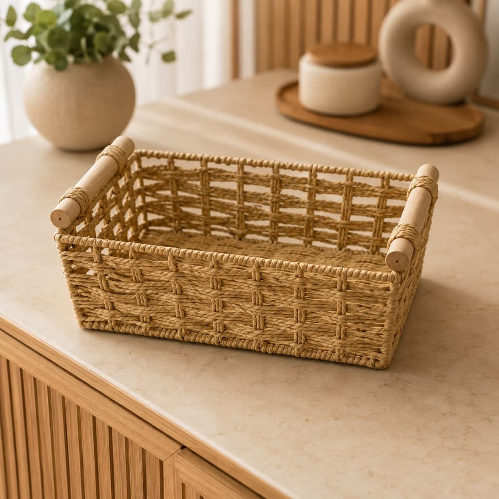 Cesta Organizadora Retangular 30x20x10cm Trançada com Alças de Madeira Multiuso
