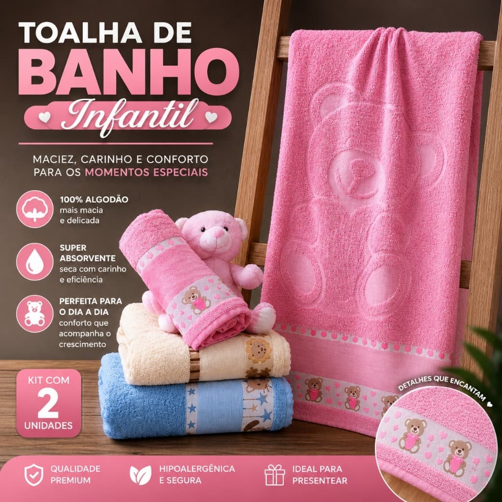 Toalhas de Banho Infantil Bebê 100% Algodão Macia Felpuda Barrado para Bordar Nome 2 Unidades.