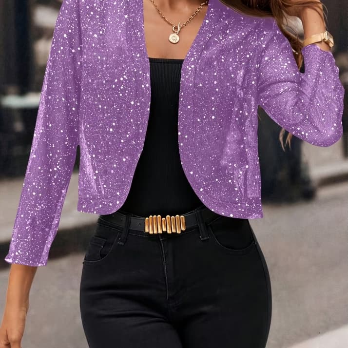 Casaco Roxo Cardigã feminino com lantejoulas brilhantes, tecido plissado dourado metalizado TAM XL