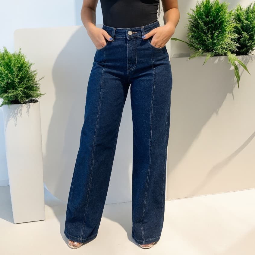 Calça Jeans Feminina Wide Leg Cintura Alta Jeans Escuro Pantalona Solta Denim Premium Moda Casual Streetwear Confortável