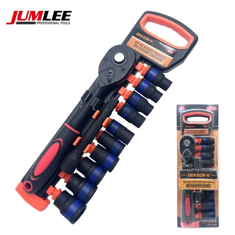 Jogo Soquete 12 Peças 1/2" Catraca 90 Dentes Soquetes Sextavados 10‑22mm Aço CR‑V Ferramenta Mecânica Preto