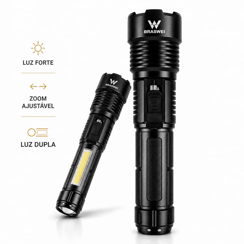 Lanterna LED Forte com Zoom Ajustável e Modo Strobo para Camping Pesca Emergência BRASWEI BW21503