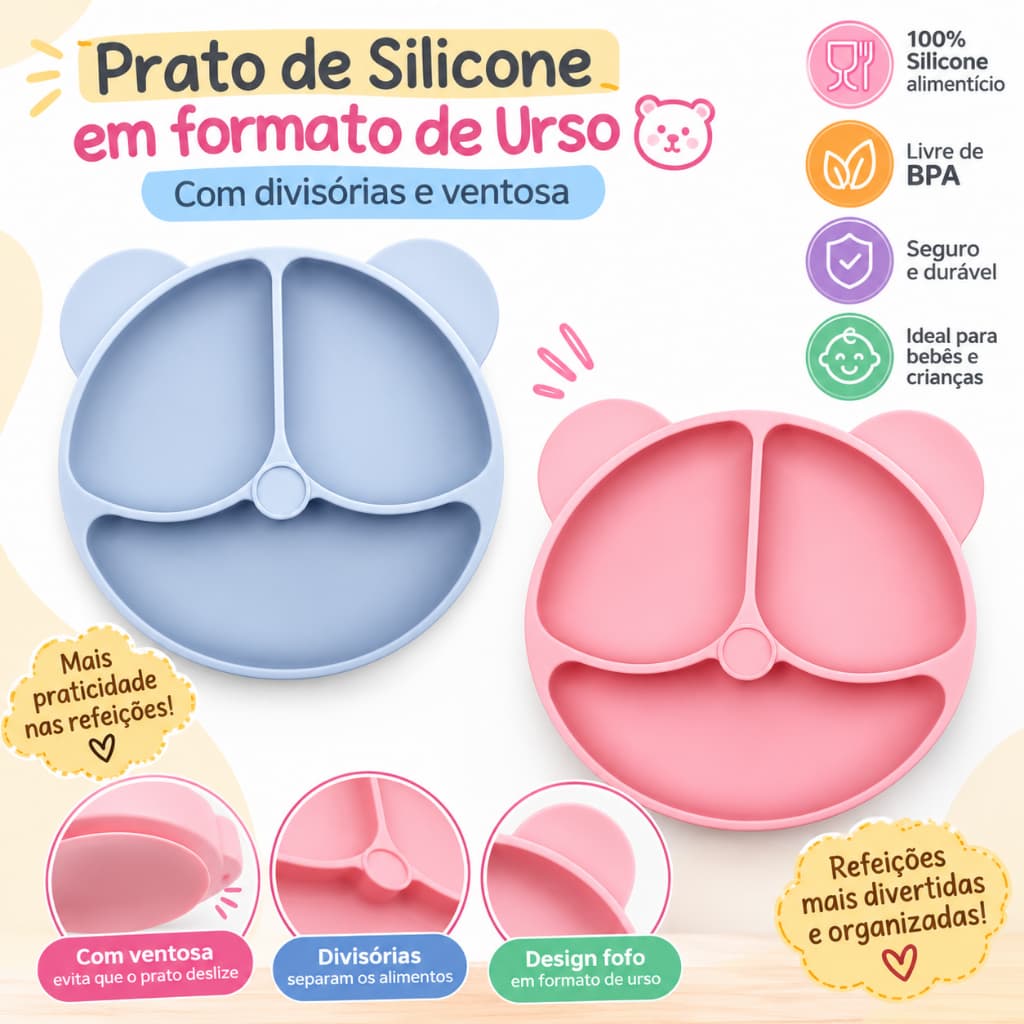 Prato Infantil Divisória Ursinho com Ventosa – Prato de Alimentação para Bebê Livre de BPA