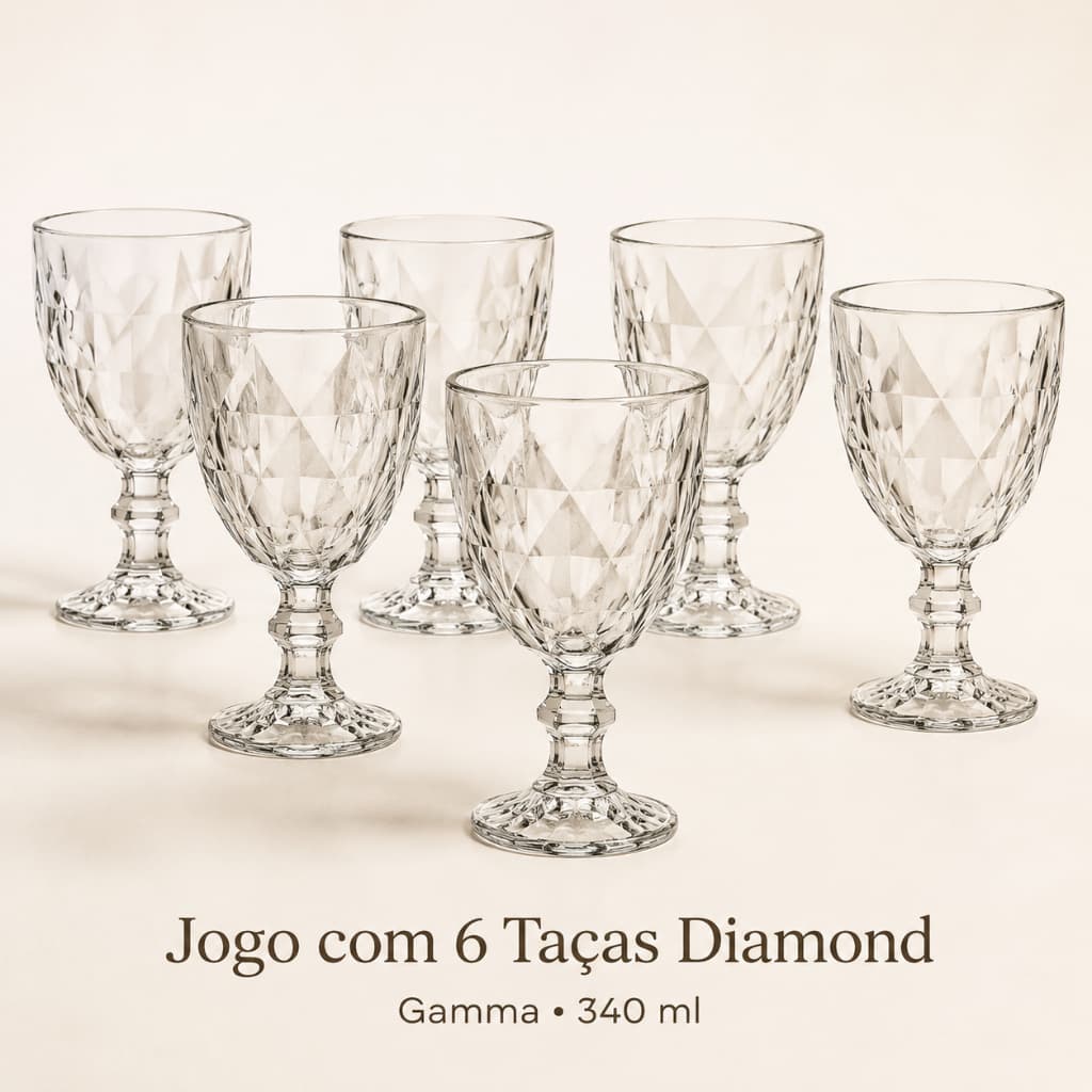 Jogo 6 Taças de Vidro Diamond Gamma 340ml Transparente para Água Suco Drinks