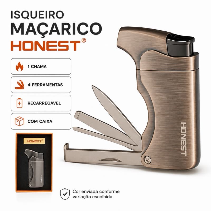 Isqueiro Maçarico Honest 1 Chama 4 Ferramentas Recarregável Metal Luxo com Caixa - Sem gás
