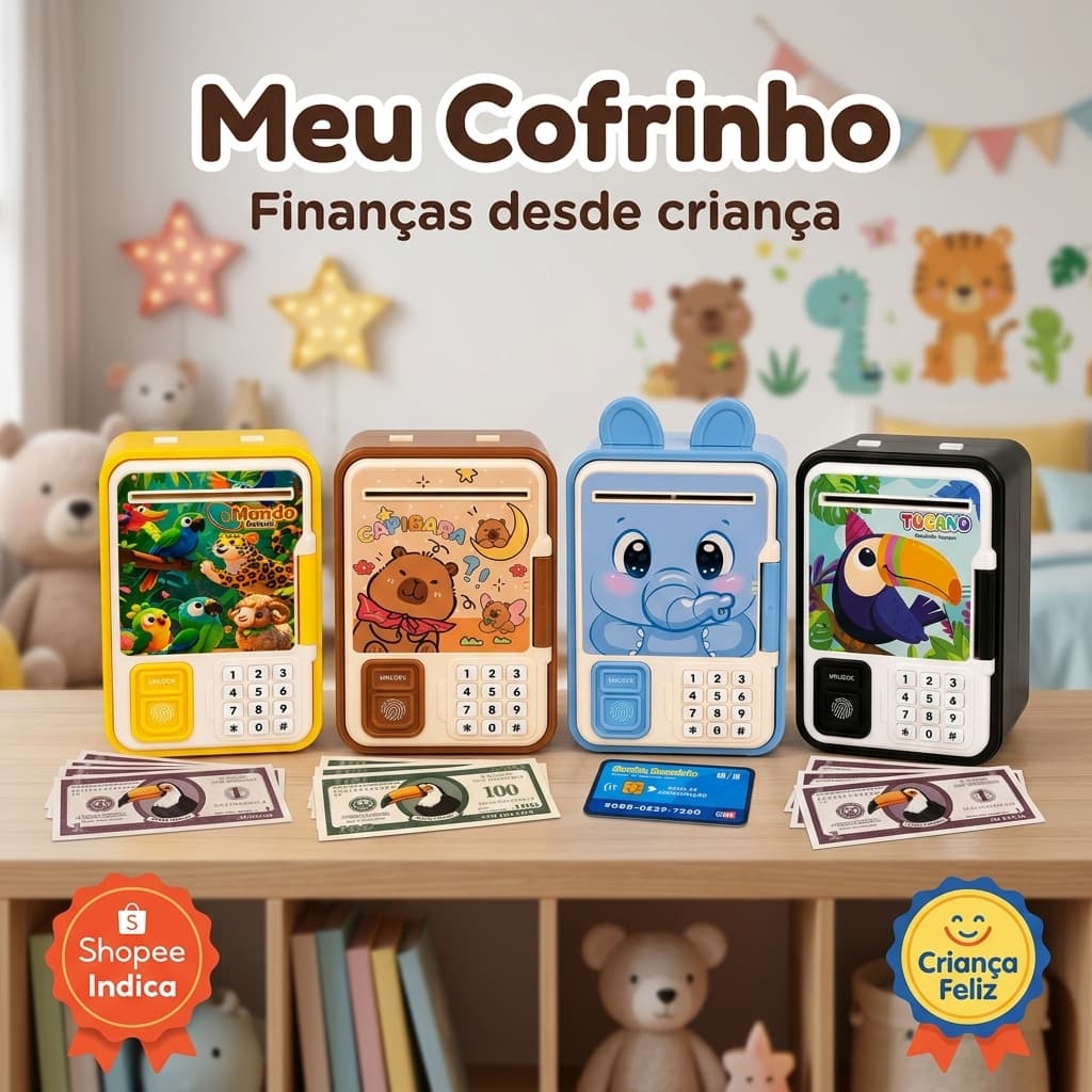 Cofrinho Cofre Infantil Eletrônico Digital Com Senha Biometria Puxa Notas Moedas Educativo