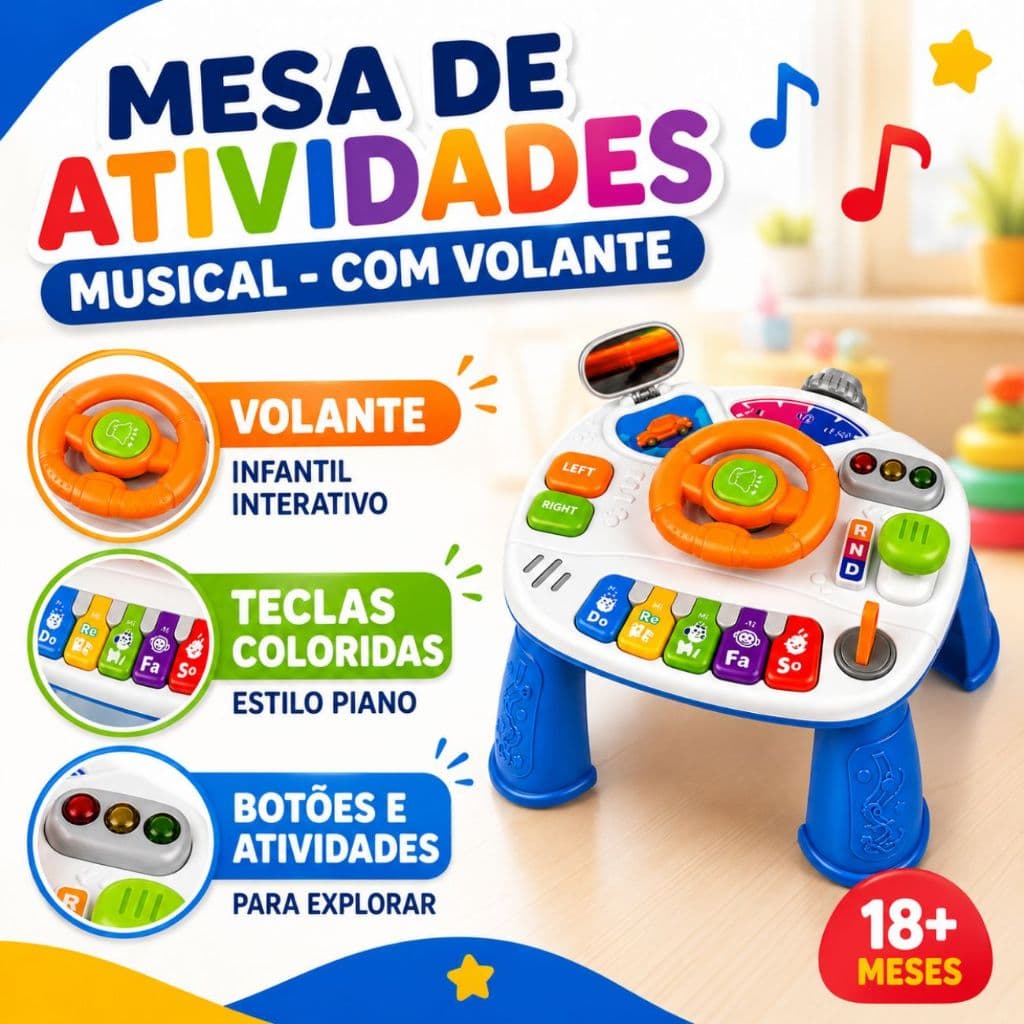 Mesa de Atividades Infantil Didática com Volante e Sons para Bebê  Brinquedo Mochila Educativo Parede Casa Quarto