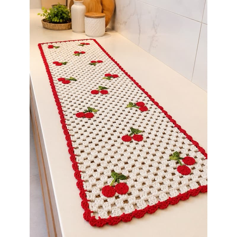 Toalha de Mesa Cerejas 125x35 Trilho Centro Caminho de Mesa de Crochê Cerejinha Vermelha Algodão