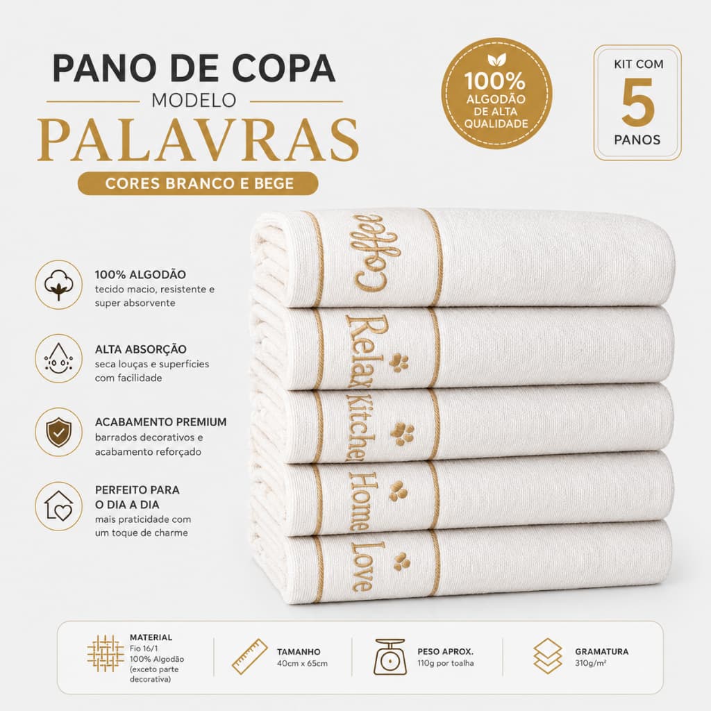 Pano de Prato Copa Palavras 100% Algodão Absorvente  Atoalhado Premium Chef Cozinha Kit 5