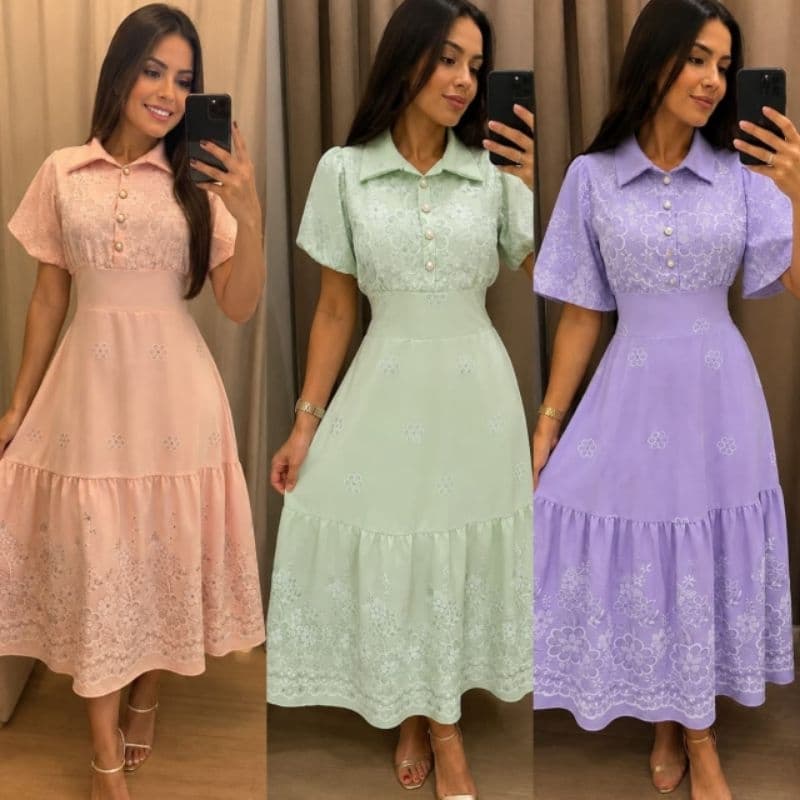 vestido femenino manga curto com botões funcional tecido duna espumado con brilho forrado gola social primaveira verão