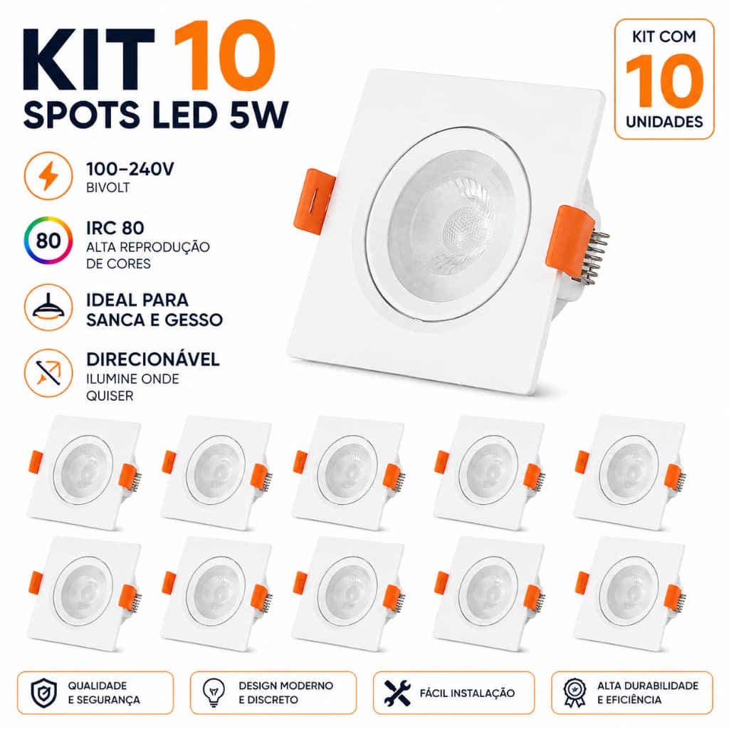Kit 10 Spots Quadrado Led 5w Embutir Direcionável - Economia e Elegância