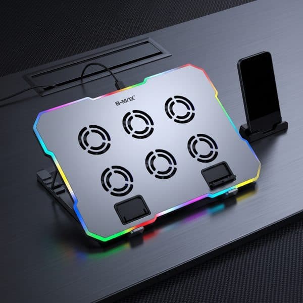 Base Cooler para Notebook Gamer com 6 Fans, LED e Suporte para Celular