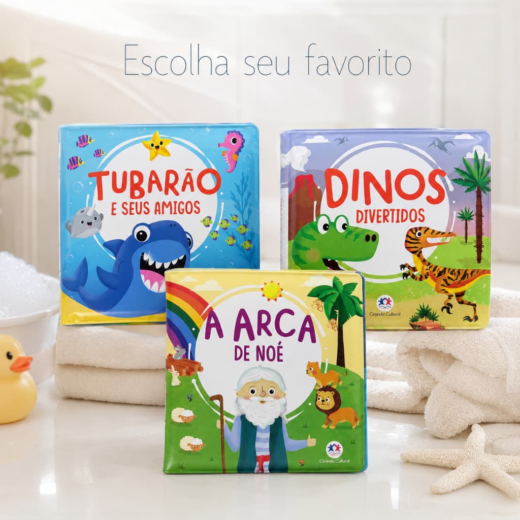 Livro de Banho para Bebê com Apito Infantil Impermeável 6 Páginas +6 Meses Escolha o Tema (Noé, Dino ou Tubarão)