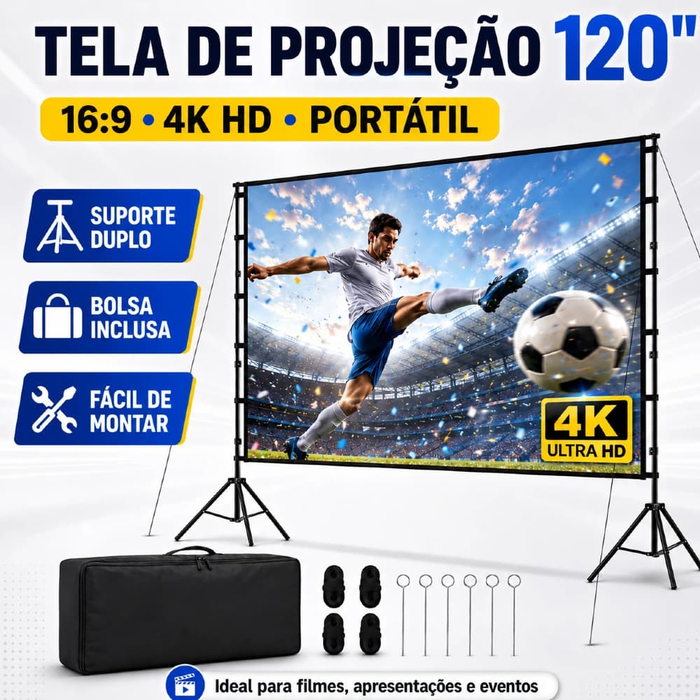 Tela de Projeção 120 Polegadas 16:9 4K HD Portátil com Suporte Duplo para Filmes Apresentações e Eventos