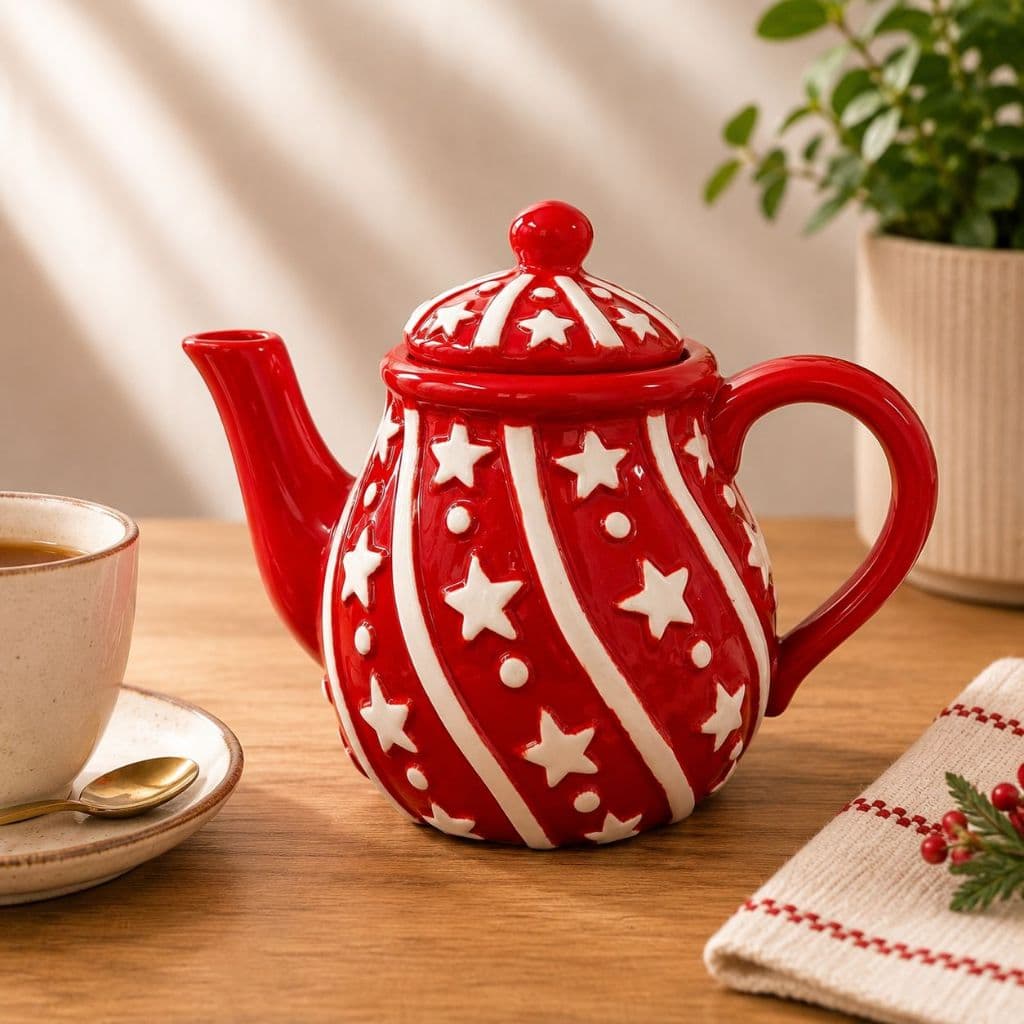 Bule de Natal em Porcelana Vermelho Decorado Estrelas com Tampa Bule Natalino para Chá Café Mesa Posta