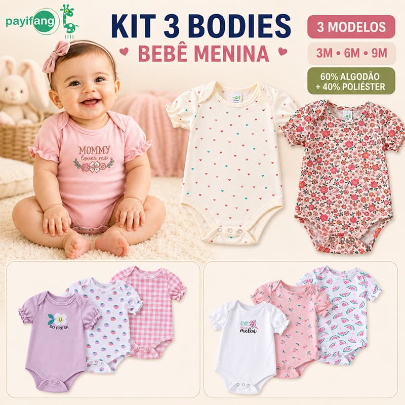 Kit Body Bebê Menina Manga Curta 3 Peças Payifang Body Infantil Xadrez Conjunto Roupa 3M 6M 9M