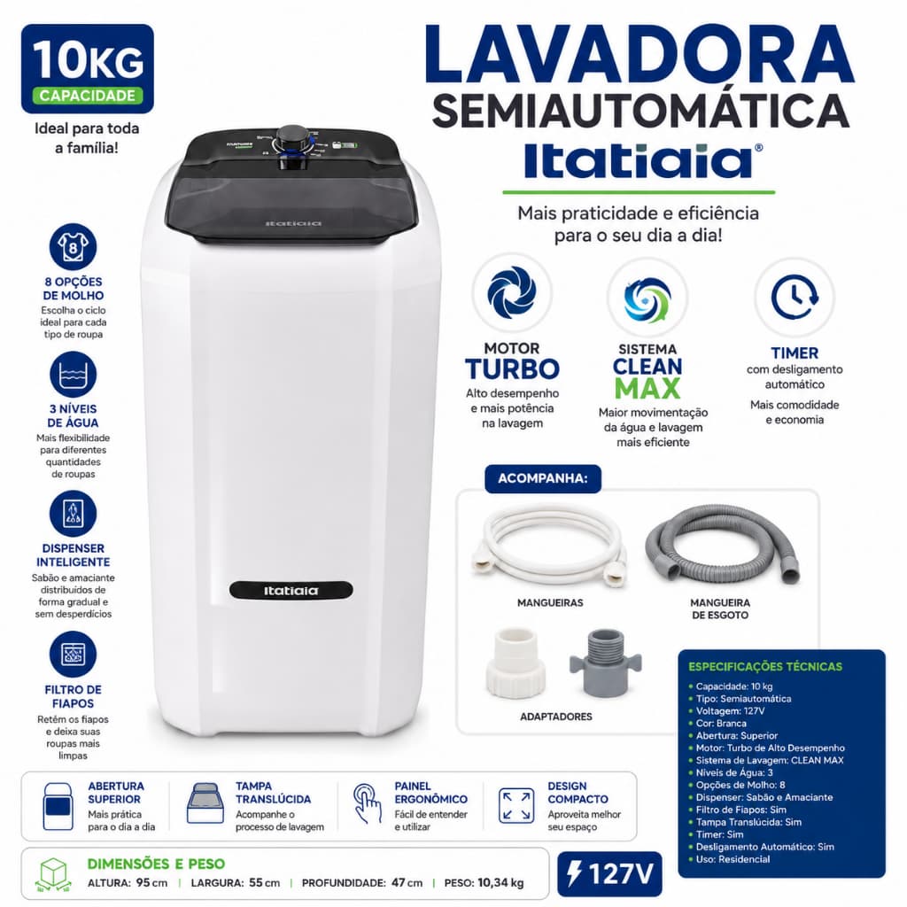 Tanquinho Lavadora de Roupas Itatiaia 10kg 127V Motor Turbo