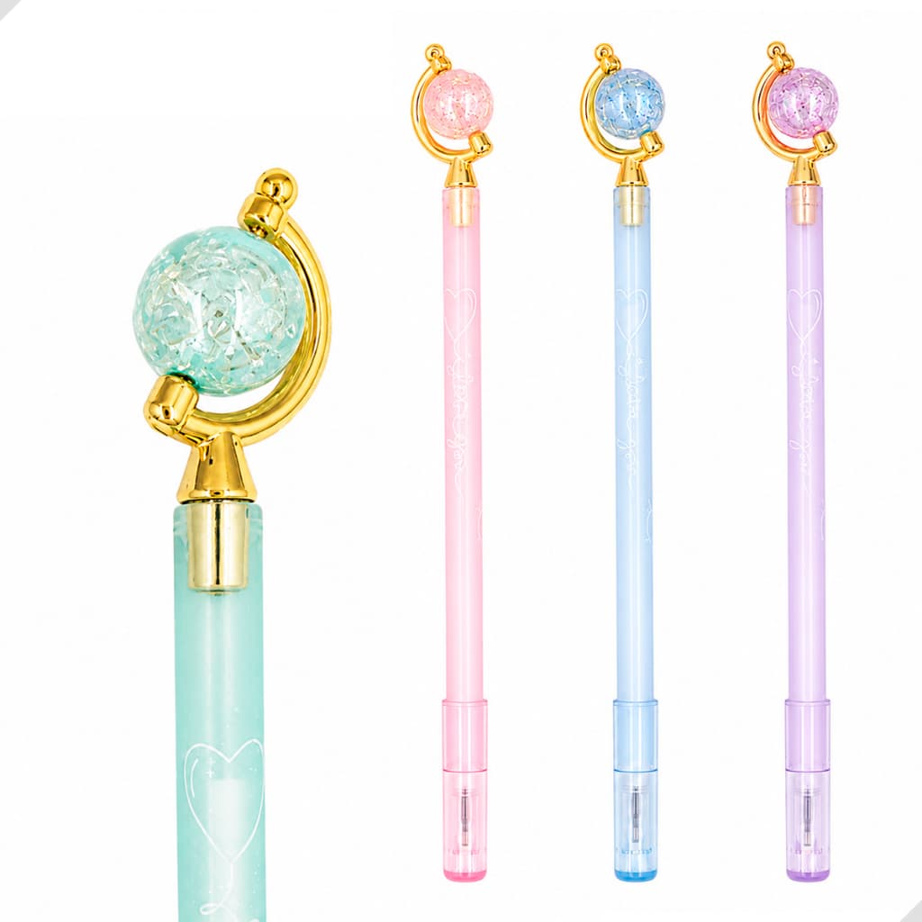 Kit Canetas Gel Globo Cristal Giratório Ponta Fina 0.6mm Fofinha Para Anotações Planners E Estudos