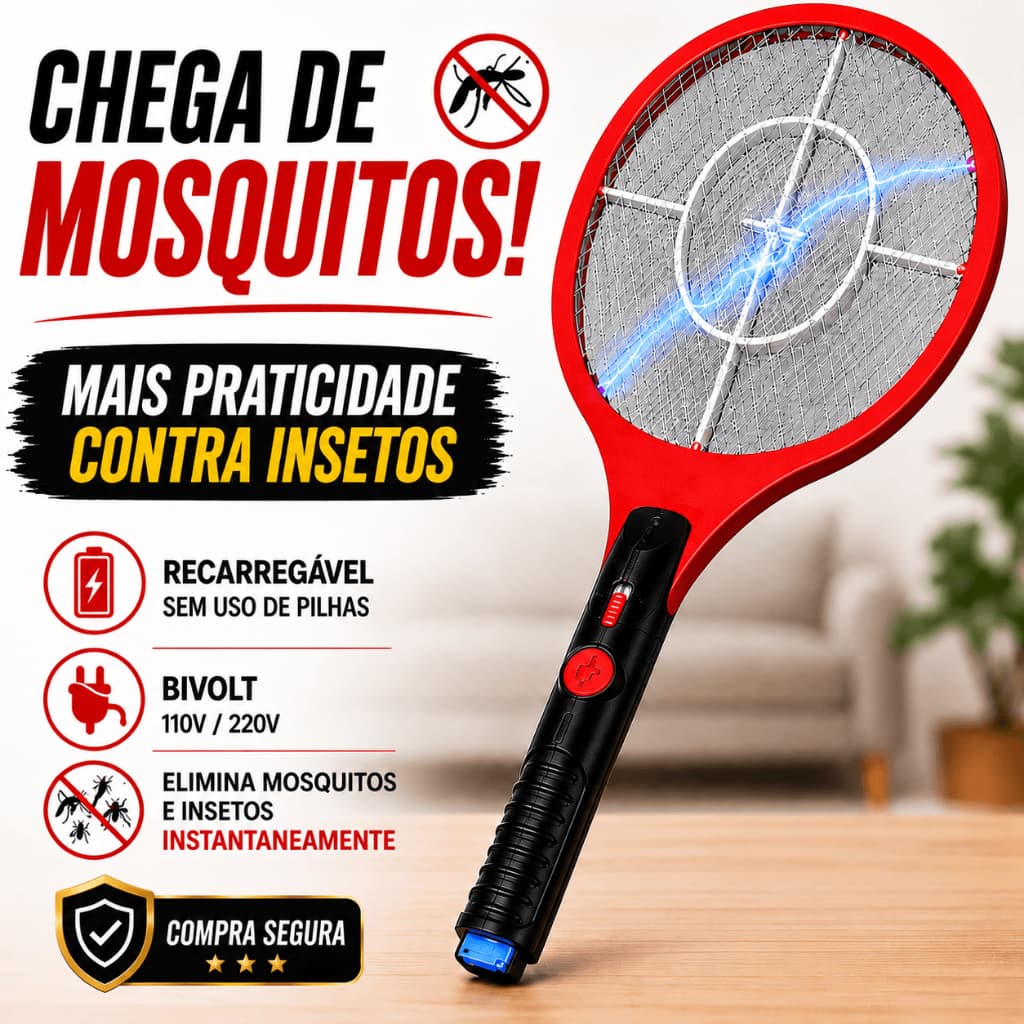 Raquete Elétrica Mata Mosquito Portatil - 110/220 Recarregável
