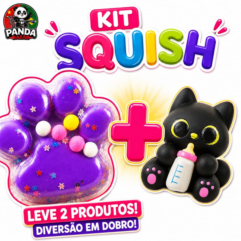 Kit Squish 2 em 1 Brinquedo Sensorial Gatinho e Patinha